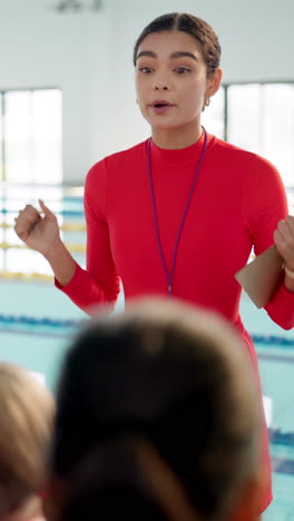 swimming coach interacting with students