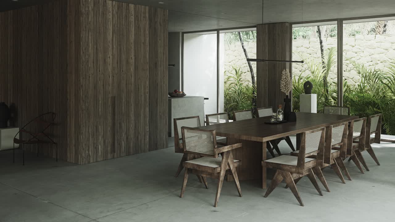 Ampia sala da pranzo in stile loft con tavolo in legno e soffitto in cemento