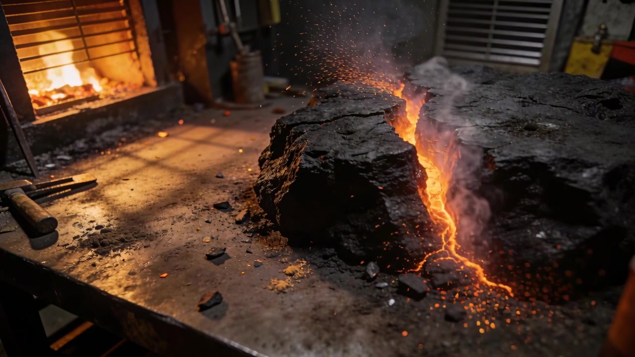Emitting smoke and sparks, cracked slag block releasing glow from fissure on bench, furnace heat