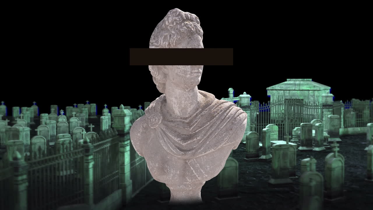 Bust statue with black bar over eyes, over animation of graveyard at night