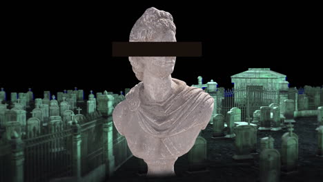bust statue with black bar over eyes, over animation of graveyard at night