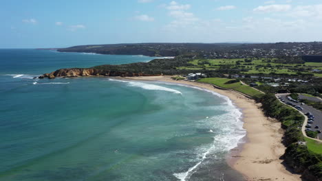 AERIAL-Over-Torquay-Beach-With-Rocky-Point-Lookout-And-Jan-Juc