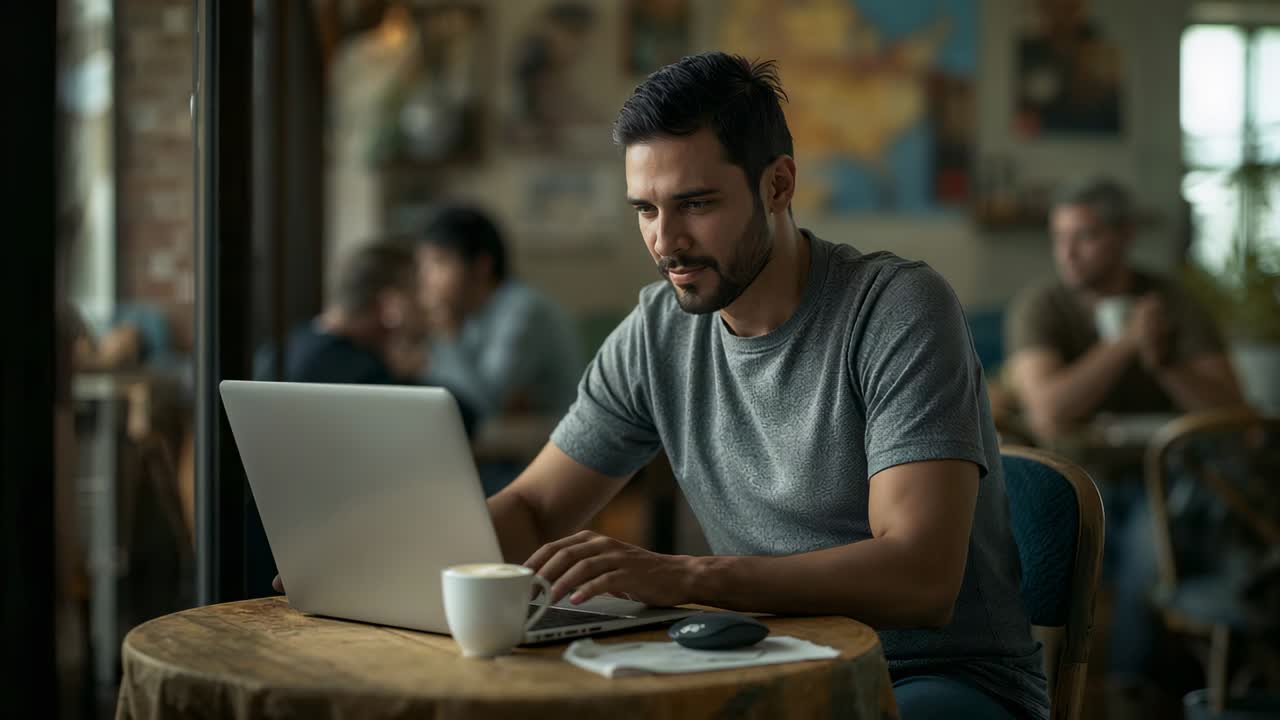 Typing man in grey t-shirt reading funny laptop message at cafe, coffee cup and mouse visible