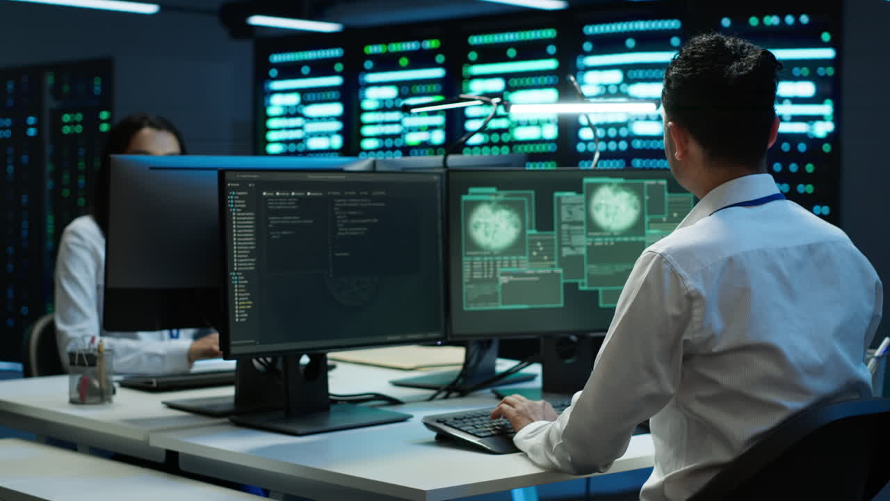 ingeniero en el centro de servidores asustado por un hacker que pasa el firewall de la compañía