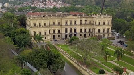 Aerial-view-of-the-nacional-museum-of-Rio-de-Janeiro,-Brazil,-right-after-it-got-destroyed-by-the-fire-in-2018