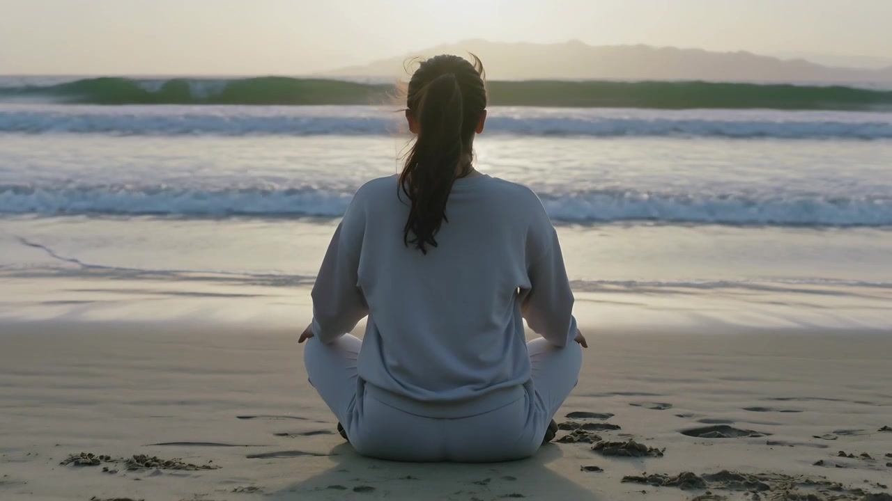 In risposta all'avanzare delle onde, una donna in felpa e pantaloni si siede a gambe incrociate sulla riva sabbiosa.
