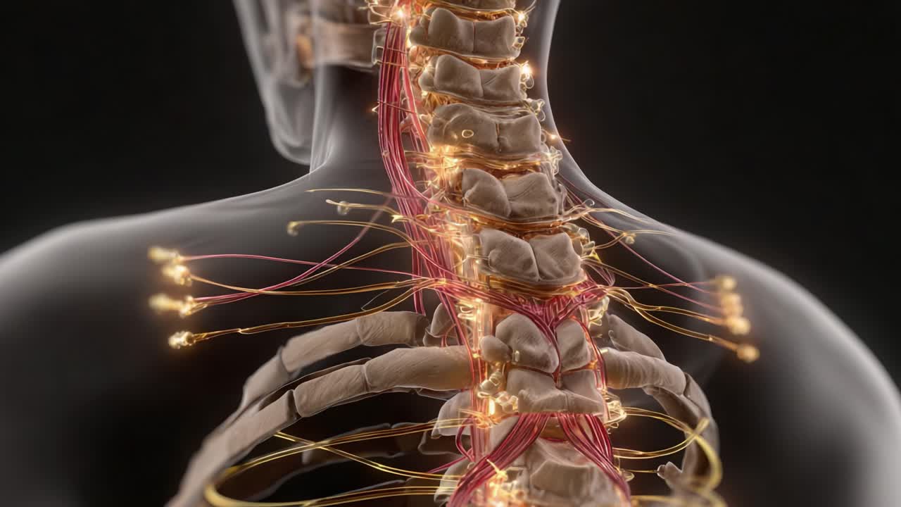 Detaljeret visualisering af den menneskelige rygsøjle, der fremhæver nervestierne og viser sammenhængen mellem ryghvirvler og nervesystemets funktion
