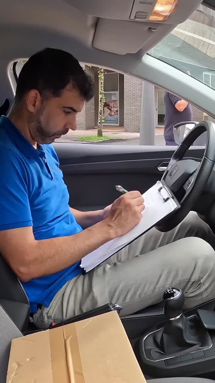 Man with box and clipboard in car