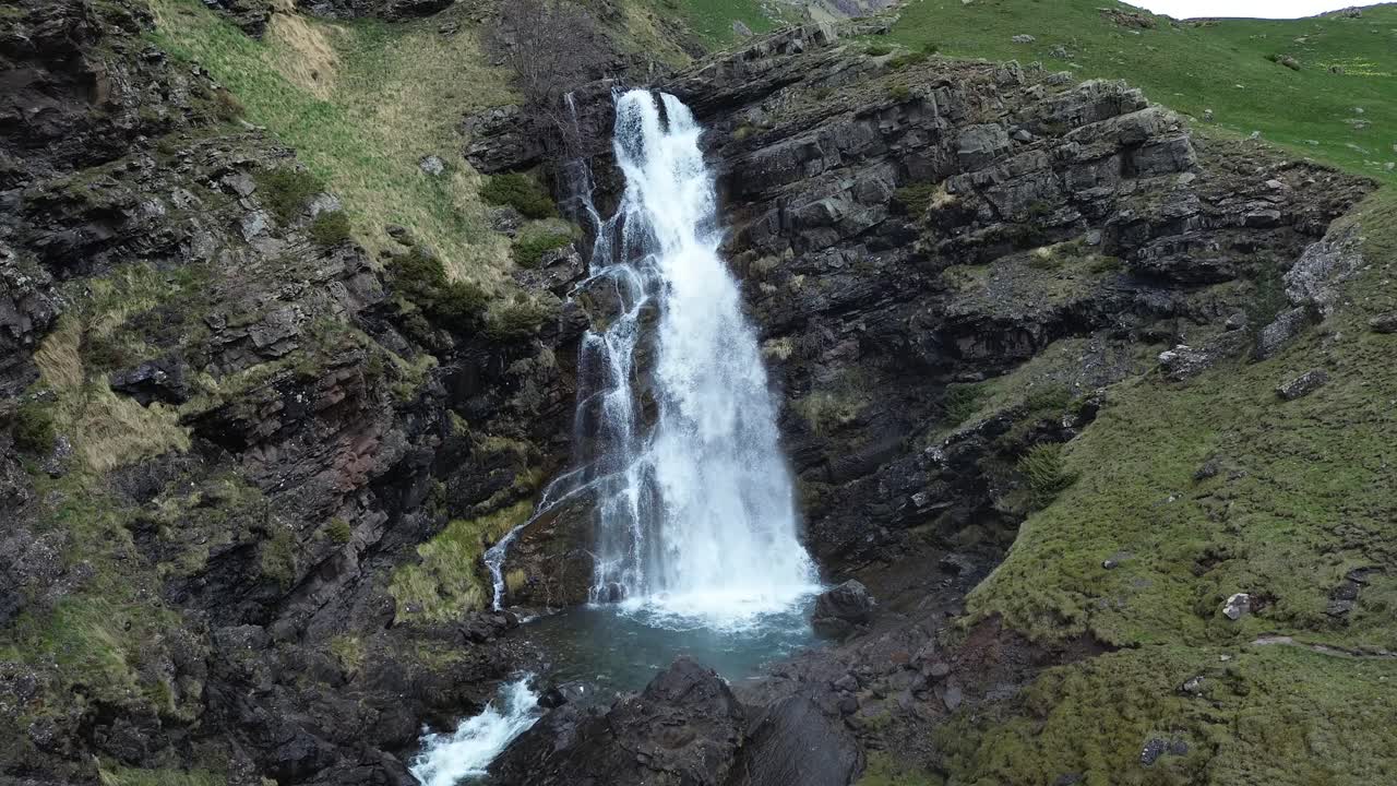 A waterfall in valle de izas, near canfranc-estación, aragón, spain, aerial view