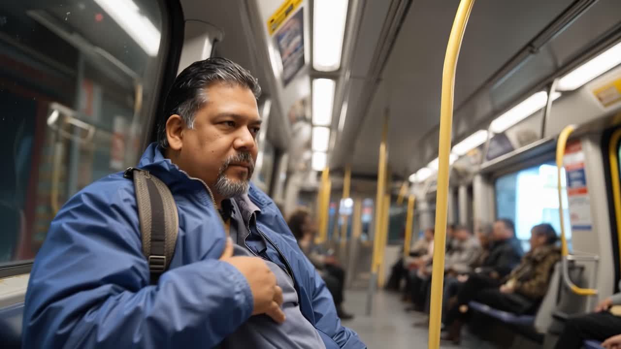 Um homem senta-se no vagão do metrô, com as mãos na barriga. Parece cansado, de olhos fechados, com os ombros caídos. Passageiros sentam-se por perto, alheios à sua imobilidade. Cena de trânsito urbano, tranquila, comum, desinteressante.