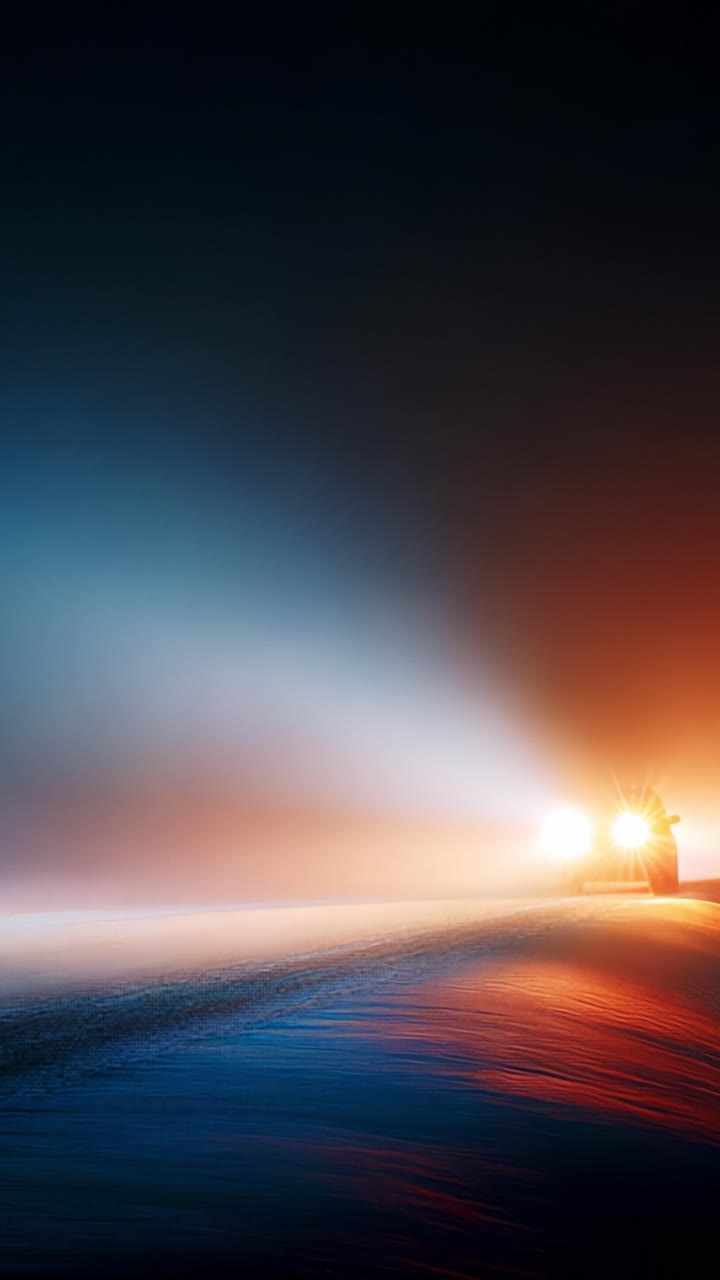 Dramatic Nighttime Scene Featuring a Vehicle with Bright Headlights Illuminating a Dark Road and Creating a Beautiful Contrast Against the Background