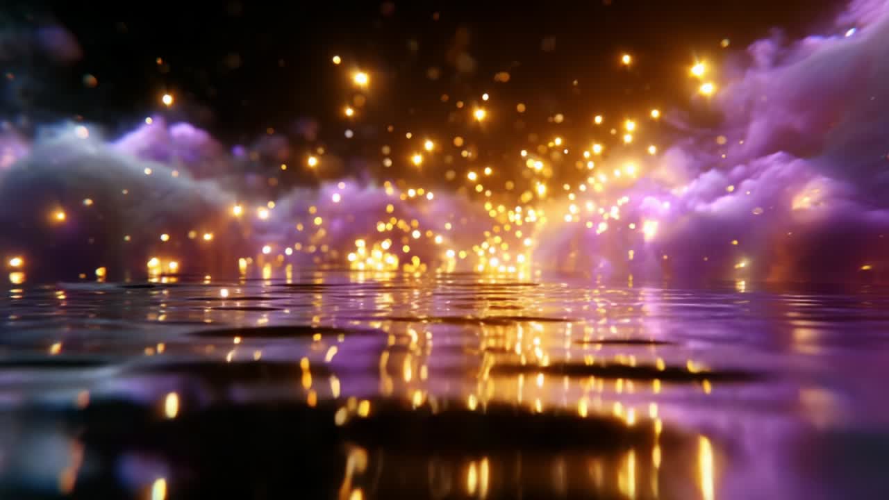 Uma vista hipnotizante de uma paisagem mágica com luzes cintilantes e cores vibrantes refletidas em uma superfície de água serena, criando um ambiente fantástico que cativa os sentidos e inflama a imaginação