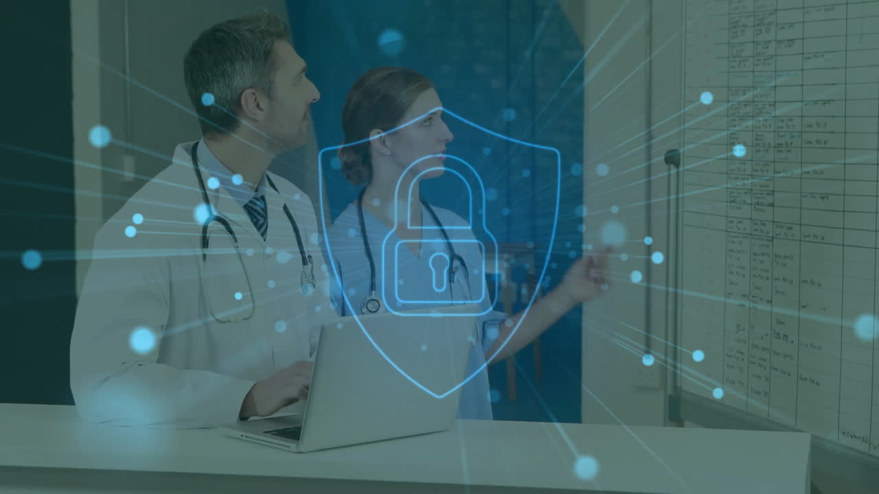 animación del icono del candado sobre diversos médicos que usan una computadora portátil en el hospital