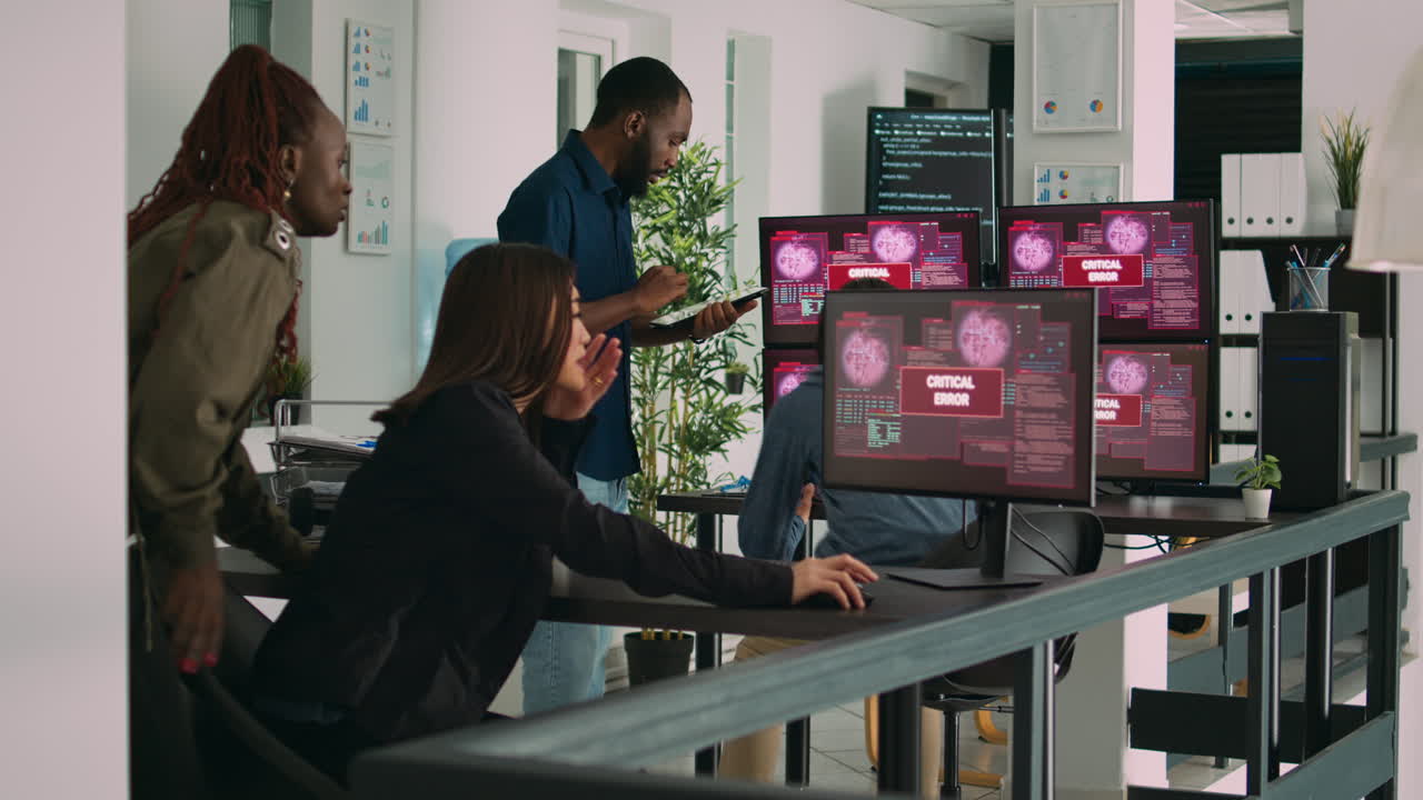 Multiethnic group of app developers reading critical errors on multiple monitors