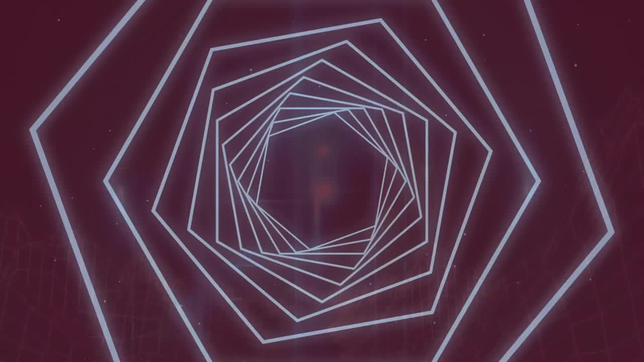 Animation of colourful sweet text distorting over white line hexagon tunnel on dark background