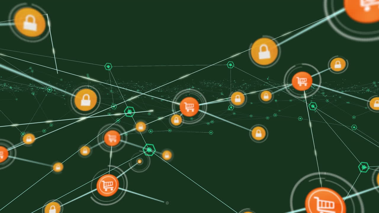 Animazione di rete di connessioni con icone multimediali su sfondo verde