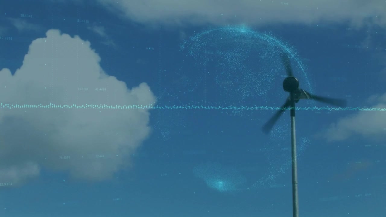 Animazione di un mappamondo ed elaborazione dati su una turbina eolica.