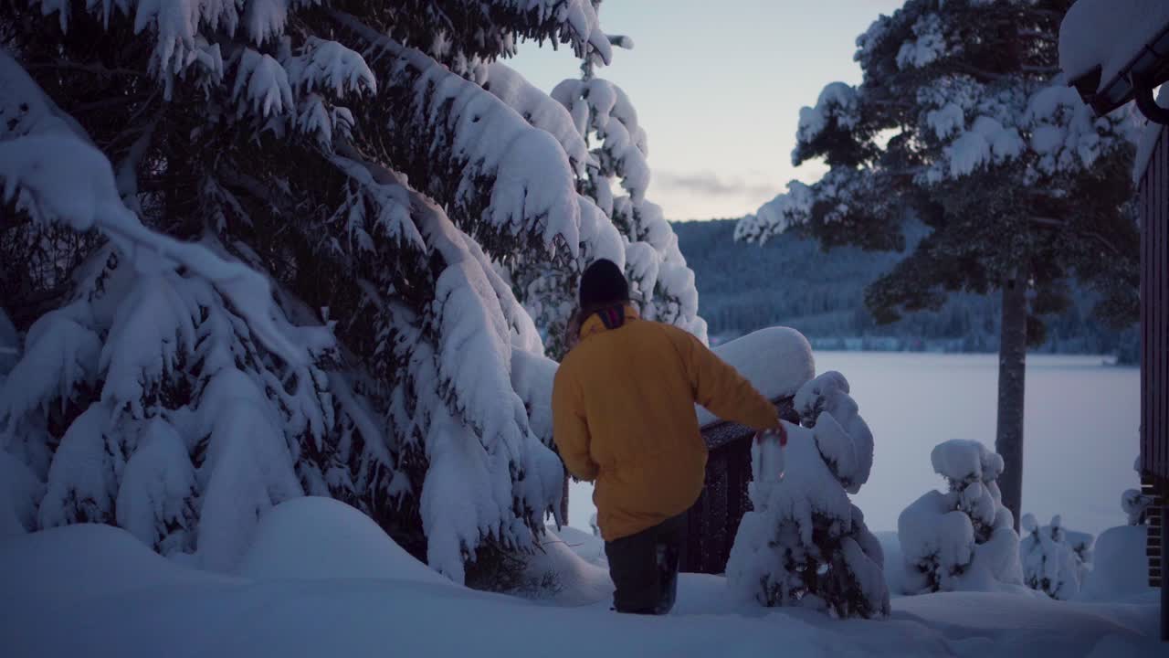 신선한 눈이 가득한 침엽수 나무를 향해 걷는 사람