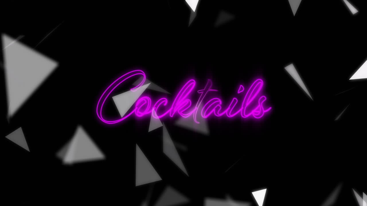 Neon-pink cursive Cocktails glowing in black field, drifting gray triangular shards in flat design