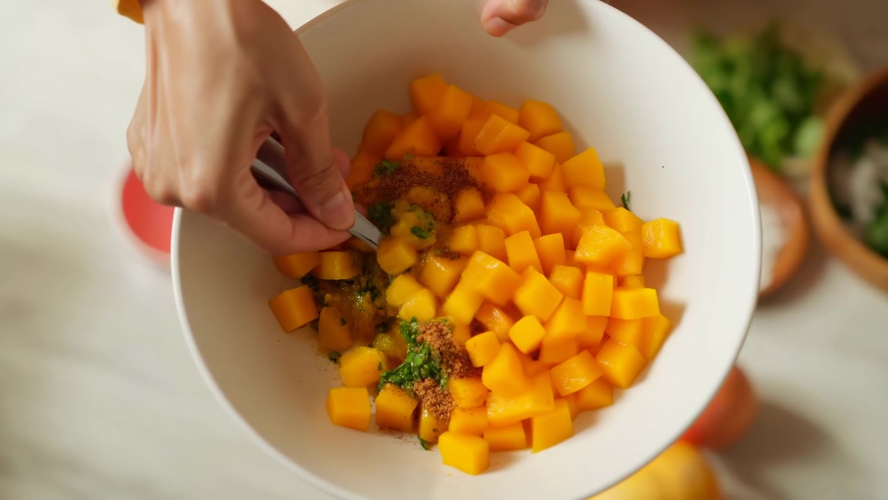 High-angle close-up shows hands stirring bright orange diced fruit or vegetable in white ceramic bowl with spoon while chopped green herbs and brown spice blend through fresh ingredients for healthy