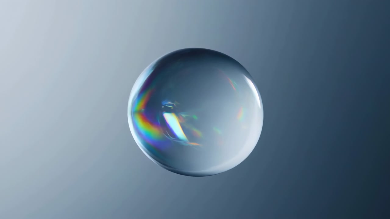 Iridescent Bubble Floating Over Gradient Background, Macro Studio Shot Showcasing Delicate Soap Film