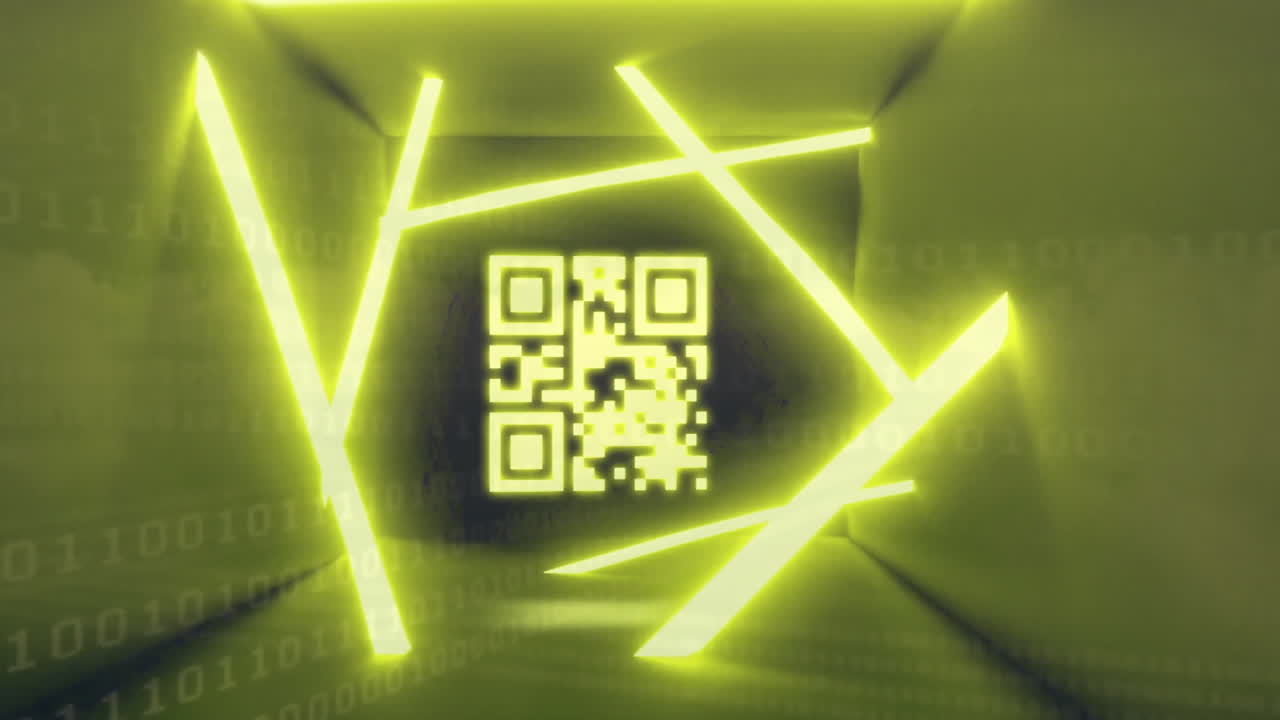 Animation of qr code and digital data processing over neon lines