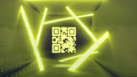 animation of qr code and digital data processing over neon lines