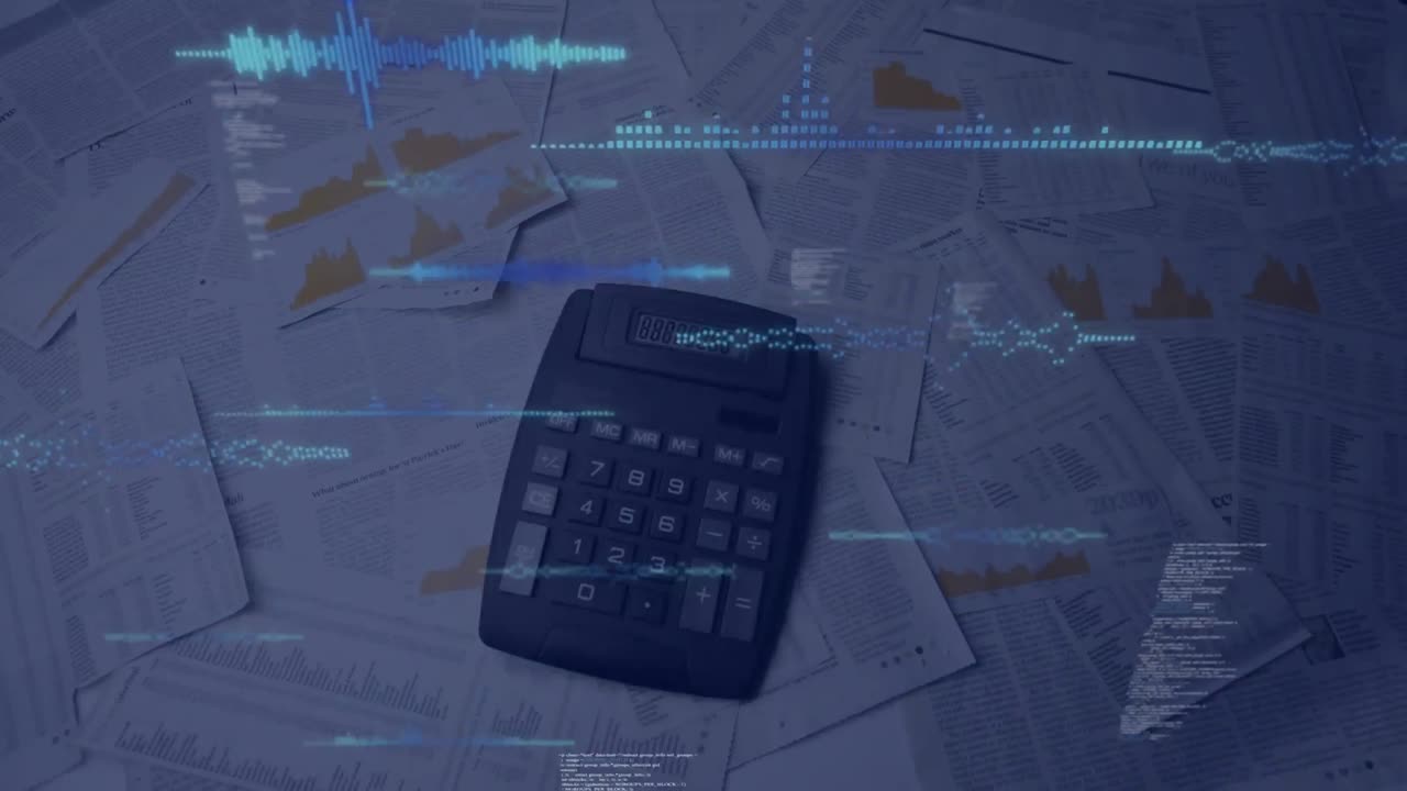 Animation of data processing against calculator falling over documents
