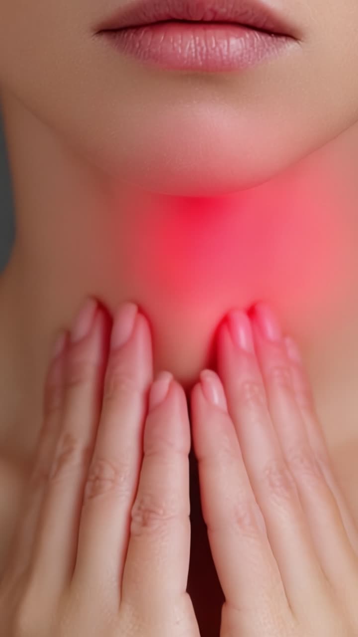 Illustrazione dell'impatto fisico del disagio alla gola: un primo piano delle mani di una donna sul collo che indicano dolore o fastidio, con un bagliore rosso per enfasi.