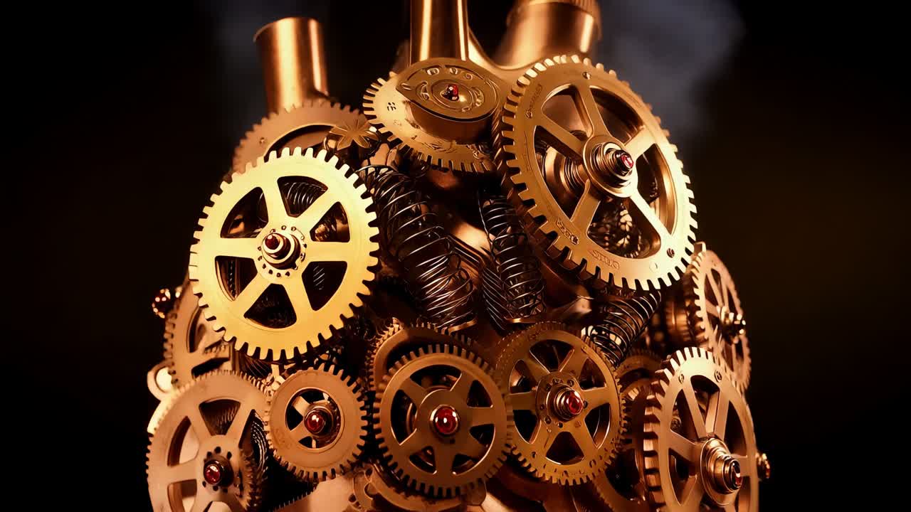 Camera pulling back revealing heart gear in studio, gears rotating showing layers, bronze-gears