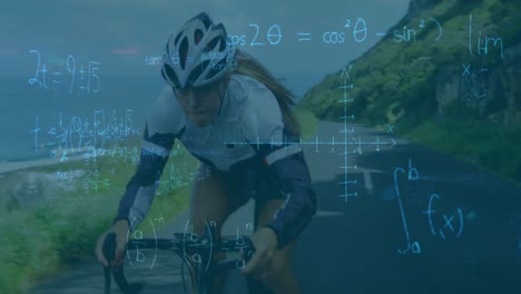 animation of mathematical equations over caucasian female cyclist riding a bicycle on the street