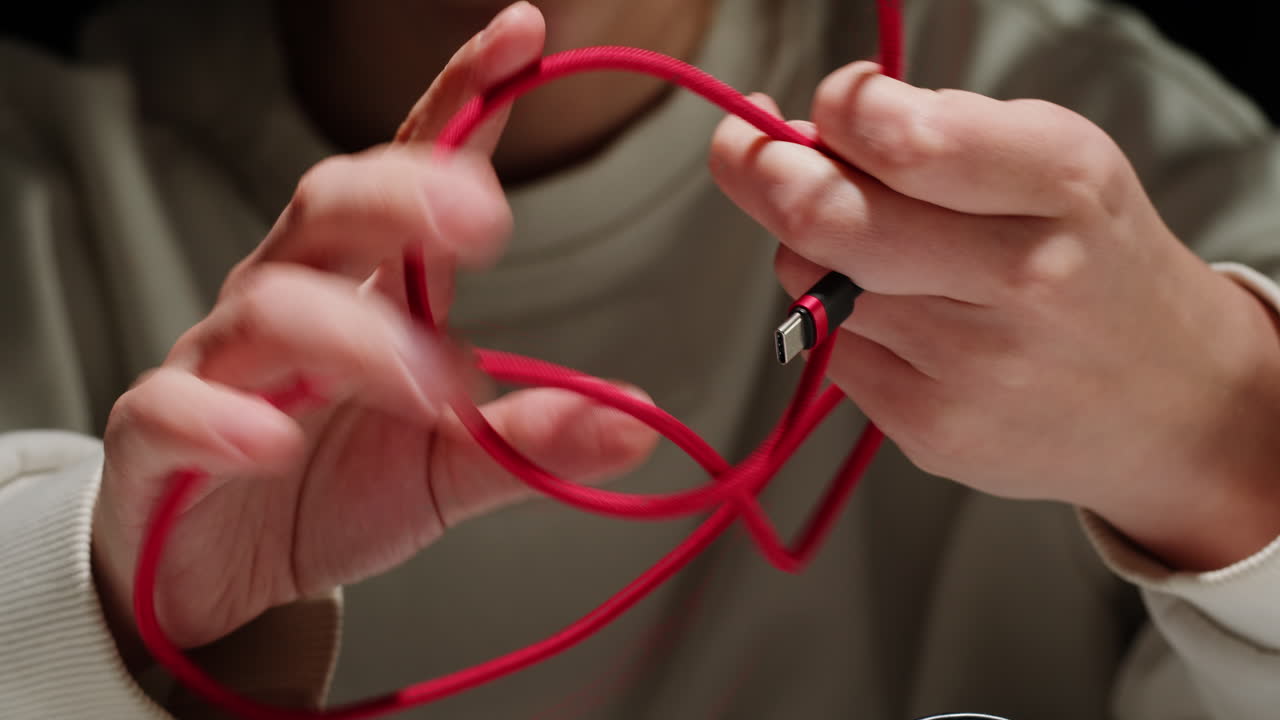Young woman trying to untangle red wires for charger close-up. Tangled wires and cables on table. Trying to untangle many messy and chaos cables