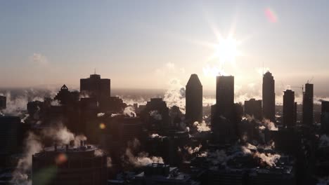 a striking cityscape captured during sunrise or sunset, with the sun positioned high in the sky and casting intense light across the scene. lens flares and bright highlights