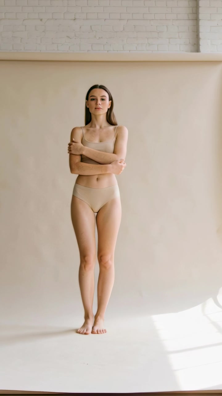 Vídeo vertical: Modelo se ajustando para a câmera após a deixa, em um fundo de estúdio, de roupa íntima bege.
