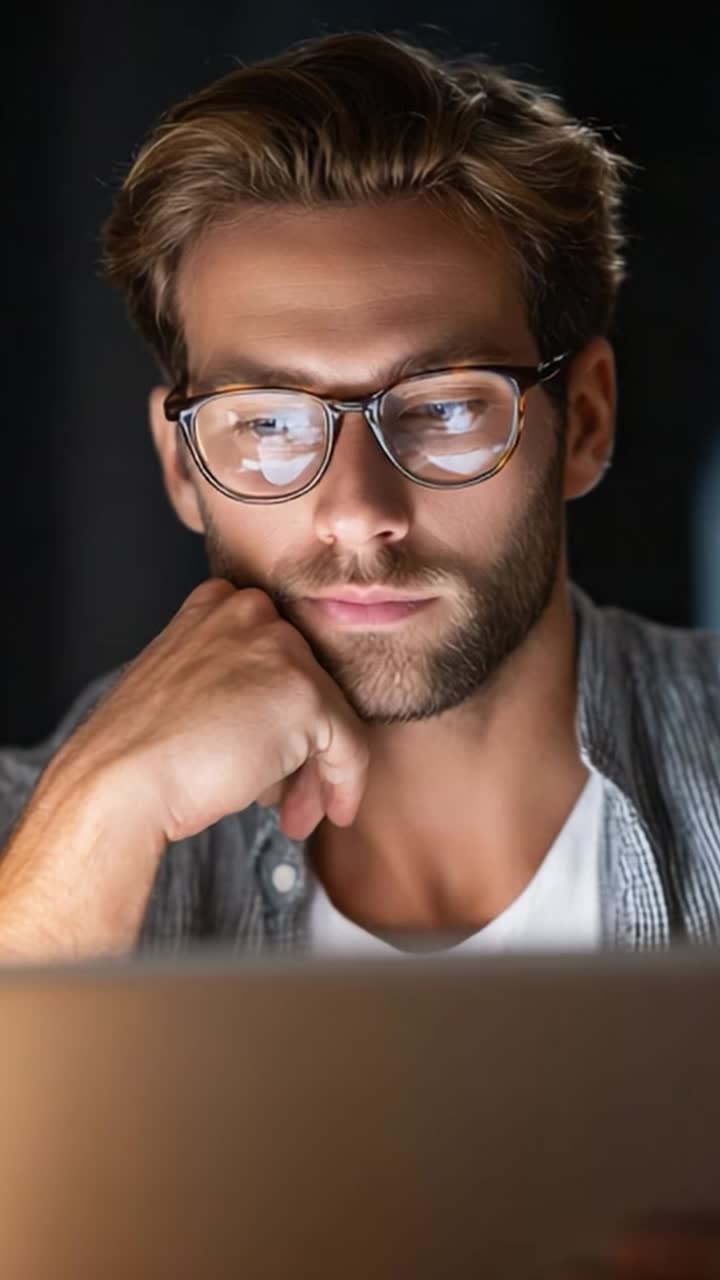 Concentrated Young Man Wearing Glasses Engaged in Serious Activity on Laptop in Dark Room, Capturing Thoughtful Expression with Warm Lighting Highlighting Features