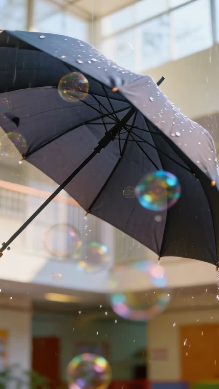 Video verticale: Gocce d'acqua fanno inclinare un ombrello nero sotto un lucernario, con bolle e sgocciolii.