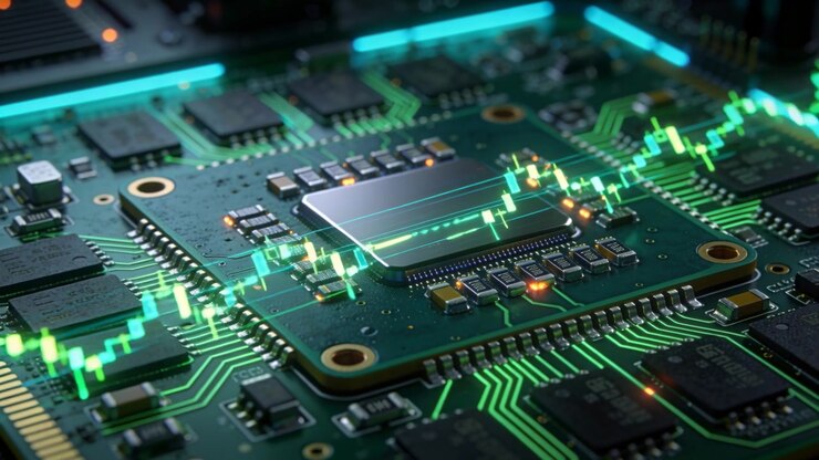 Showing chip in studio cam focusing sparking holo chart moving over PCB traces orange LEDs blinking