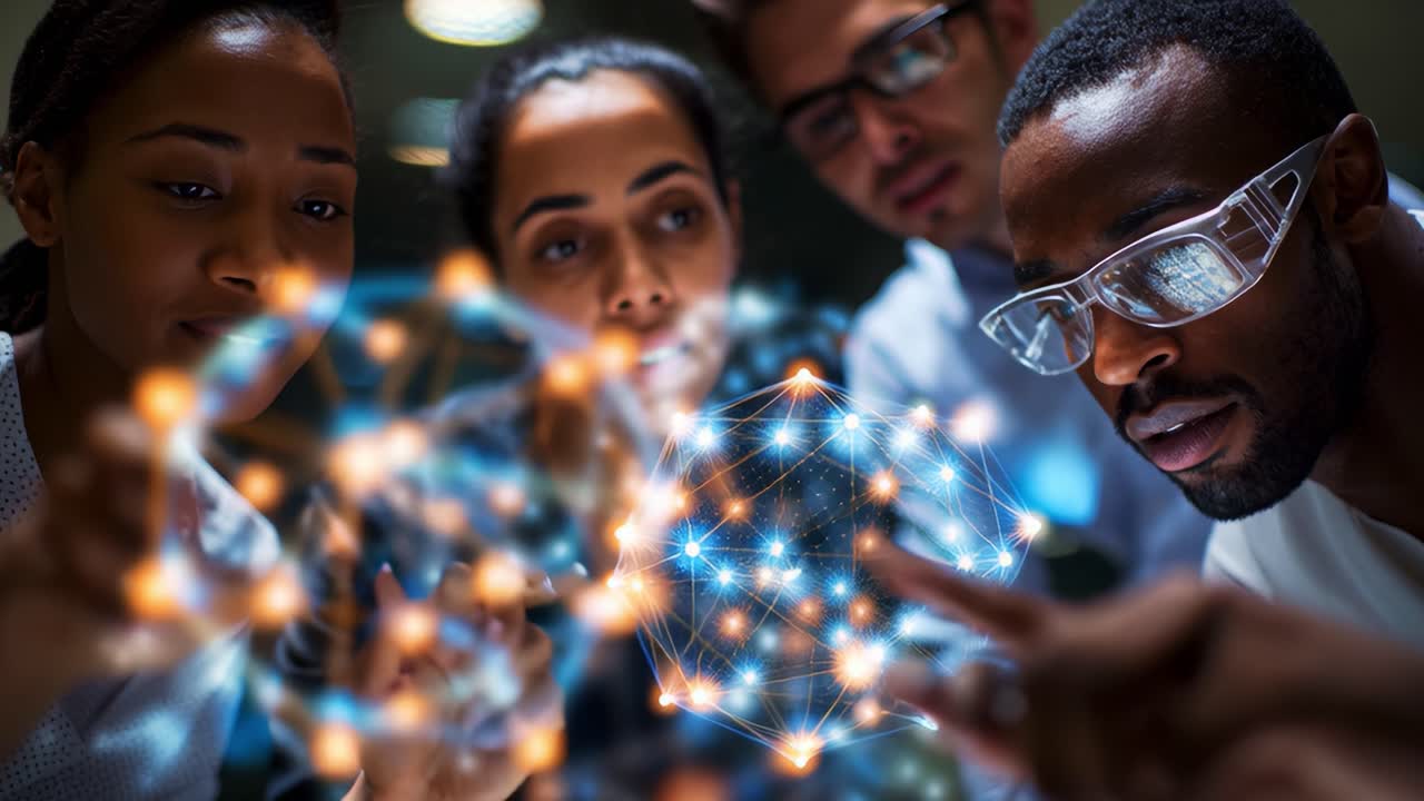 A group of engaged researchers analyze and manipulate a complex digital network visualization, showcasing collaboration, innovation, and modern technology in a dynamic setting