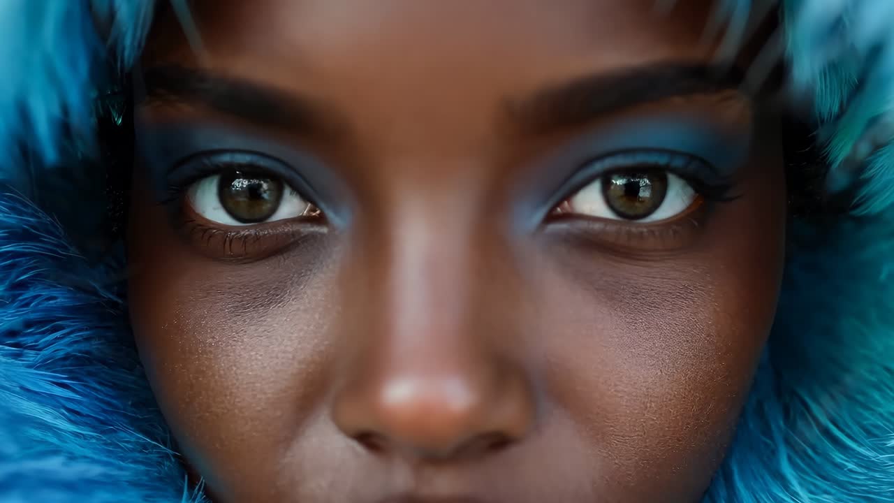 A close up of a woman with blue fur on her head