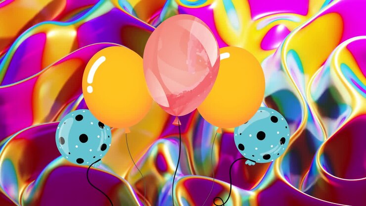 Animazione di palloncini colorati che volano su sfondo liquido colorato