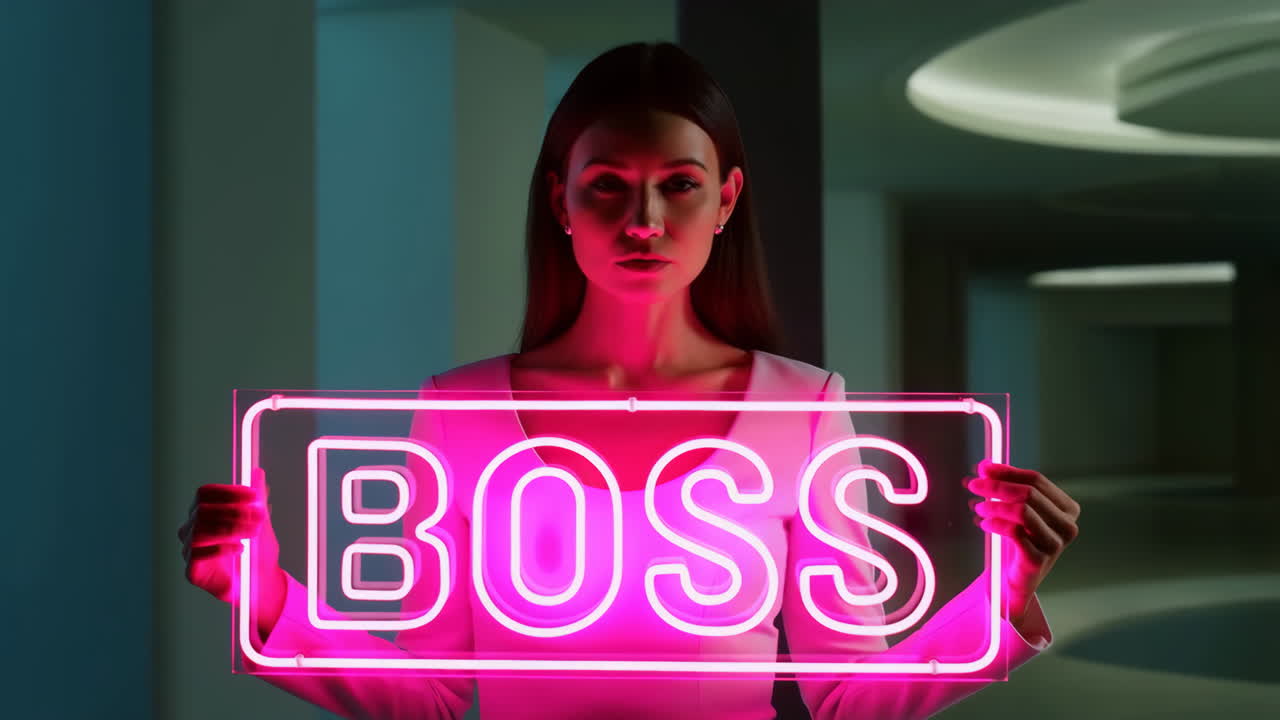 Confident Woman Holding a Glowing Pink 'BOSS' Neon Sign