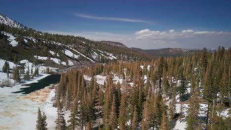 vuelo aéreo sobre un bosque de invierno junto a un lago congelado en la cordillera del lago mamut