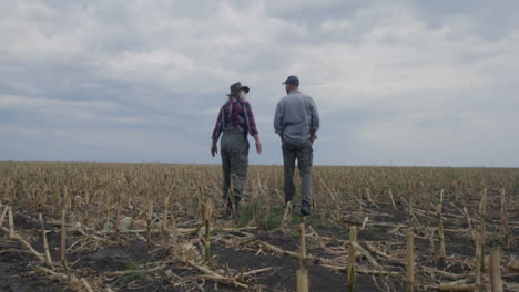 farmers walking through empty corn field