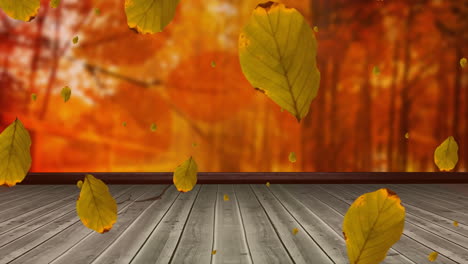 Animation-of-autumn-leaves-falling-over-trees-and-wooden-surface