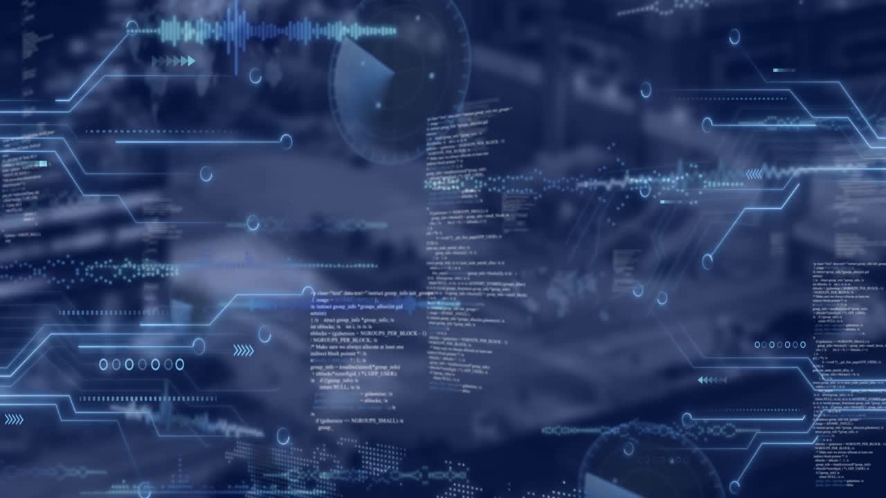 클라우드와 함께 해군 배경 위에 움직이는 그래프와 데이터의 애니메이션