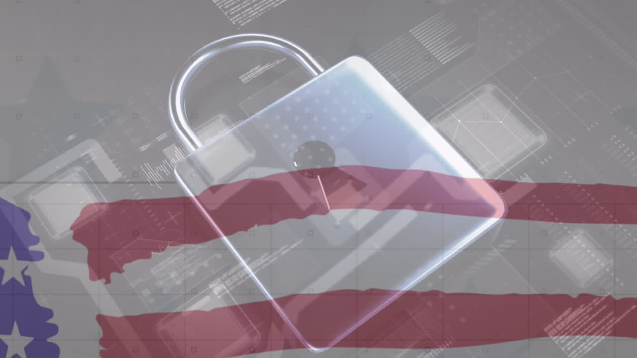 animación del candado, procesamiento de datos y bandera de los ee.uu.