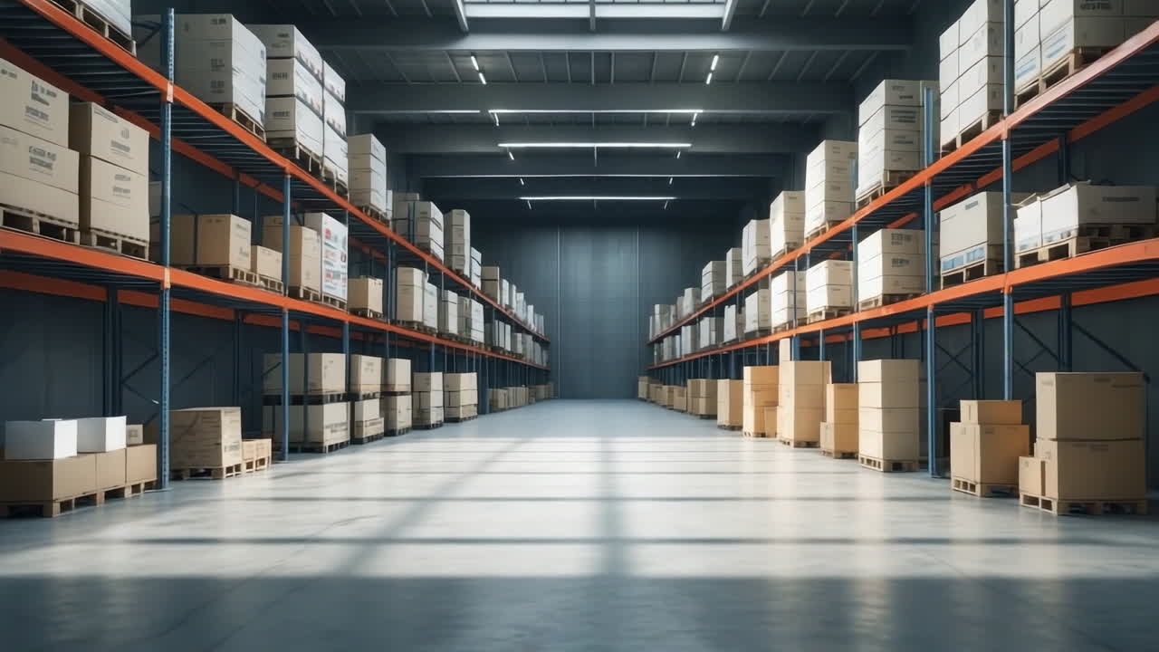 Empty Warehouse with Rows of Shelves and Cardboard Boxes