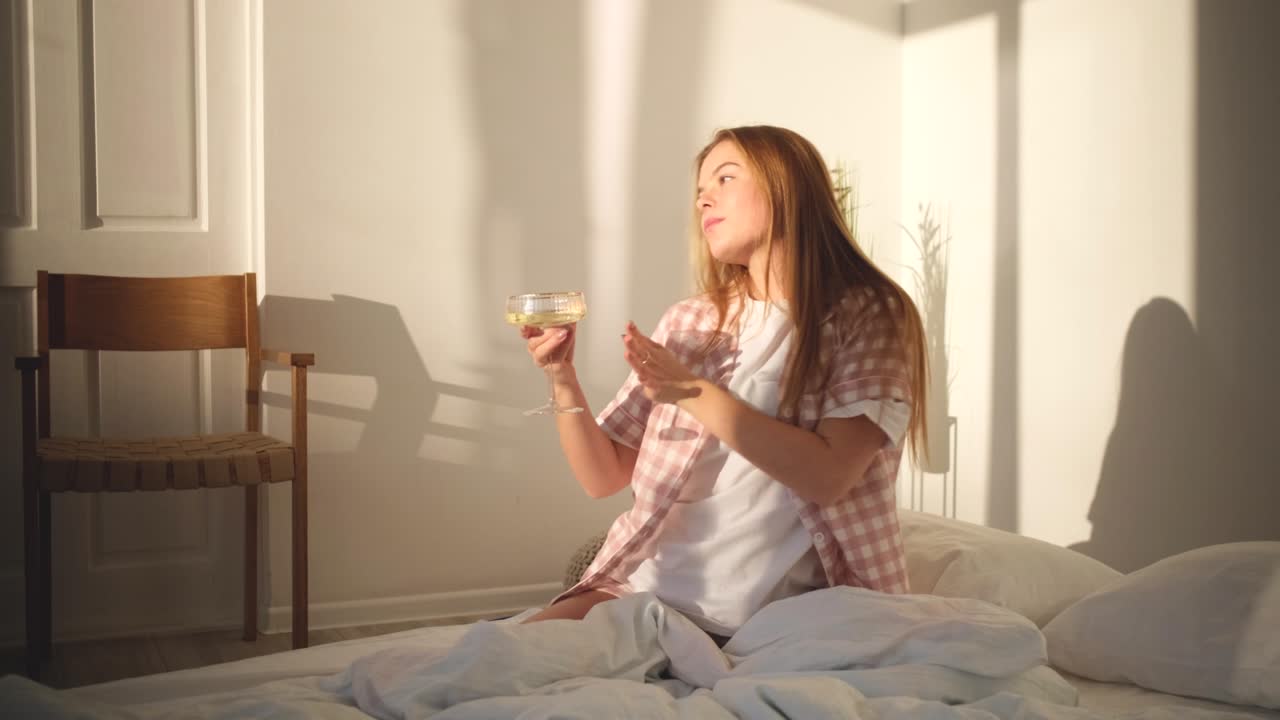 침대에서 춤추는 무관심한 활동적인 여성