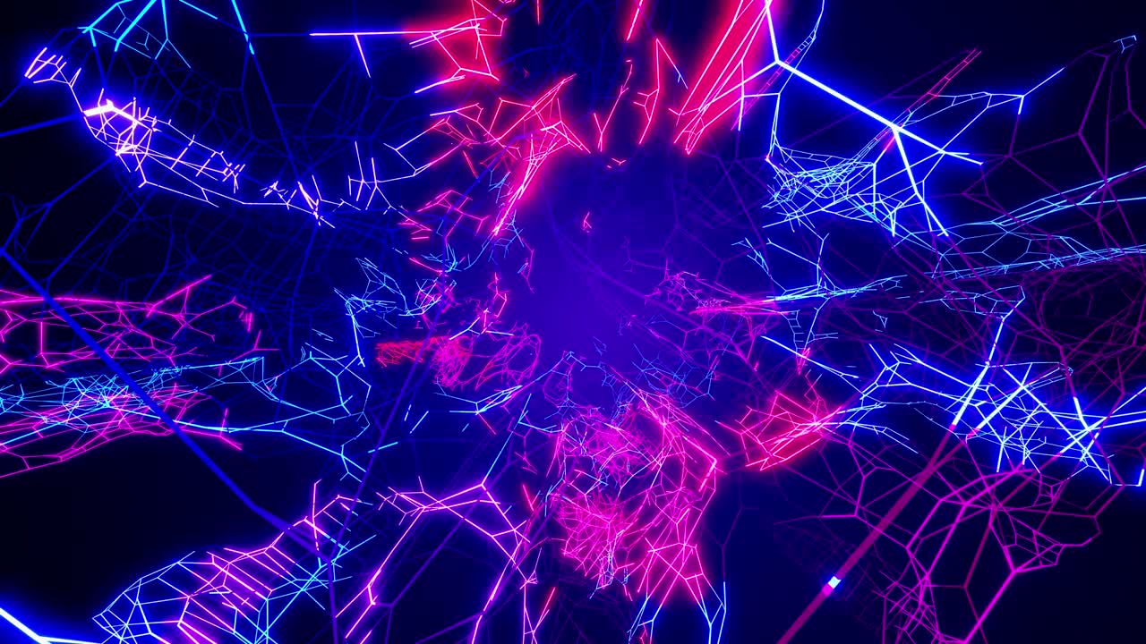 loop vj abstracto sci fi fondo de luz de neón. animación brillo de neón se ejecuta en wareframes en la oscuridad. fondo cibernético abstract sci fi con color de gradiente de brillo de neon. hermoso gráfico de movimiento moderno bg.