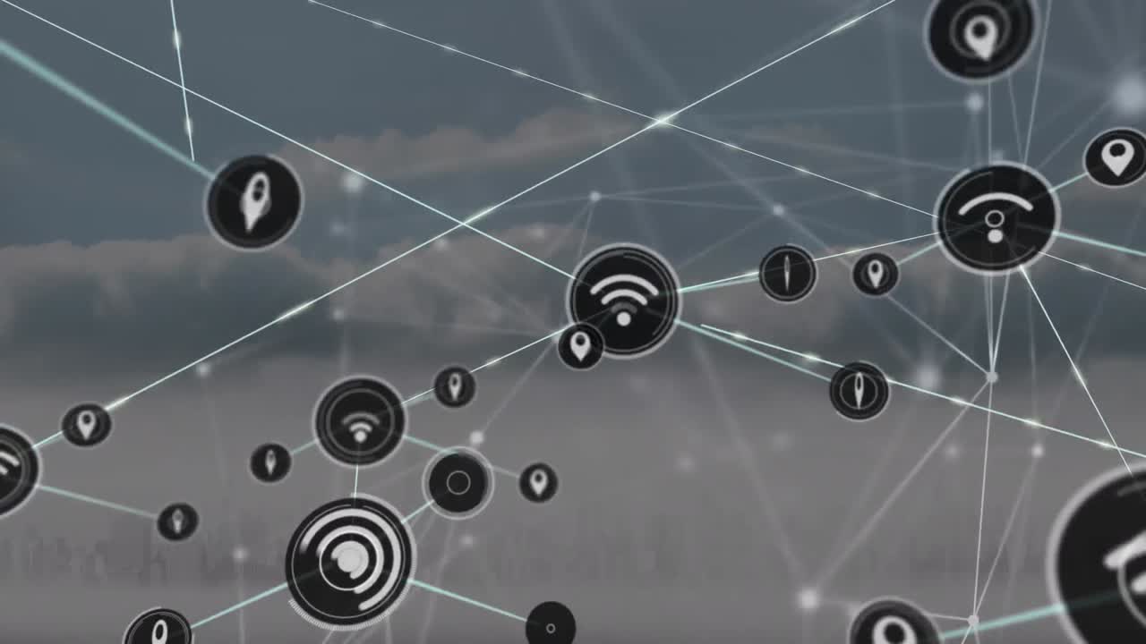 밀집된 구름과 배경의 도시에 대한 선으로 연결된 아이콘과 점의 애니메이션